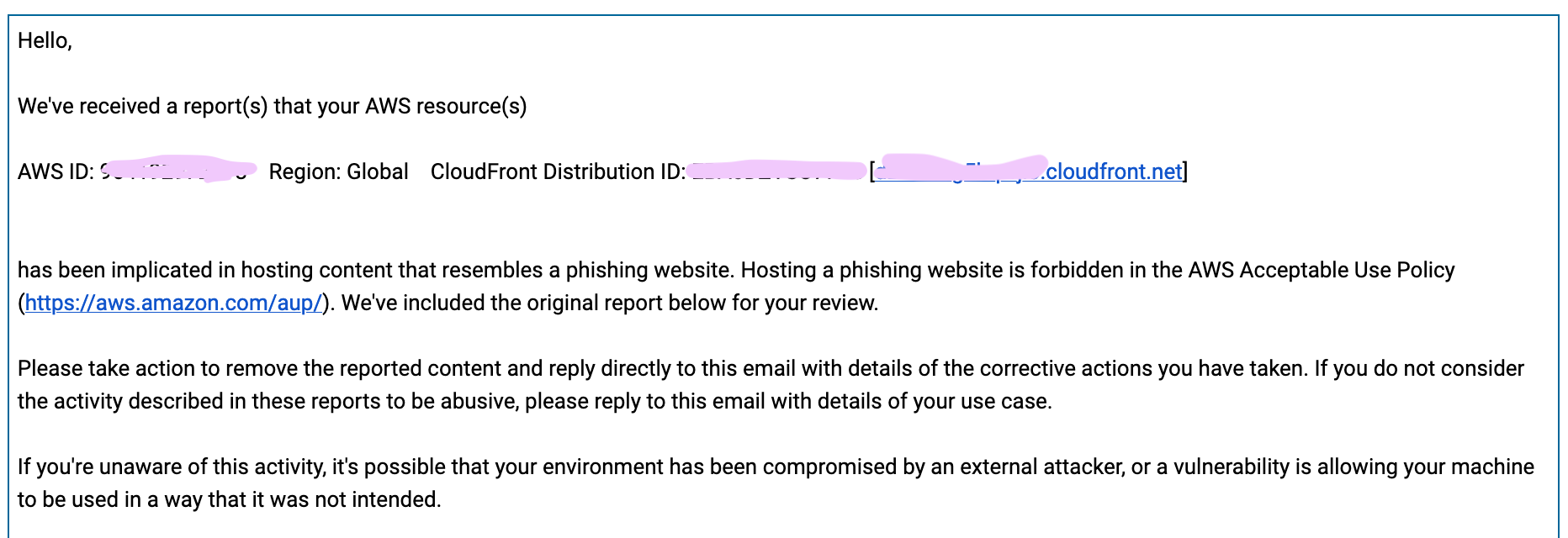screenshot of email from AWS warning us of phishing