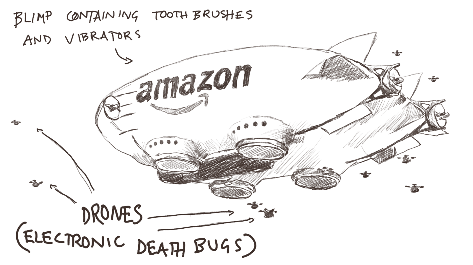 Illustration of Amazon blimp with drones