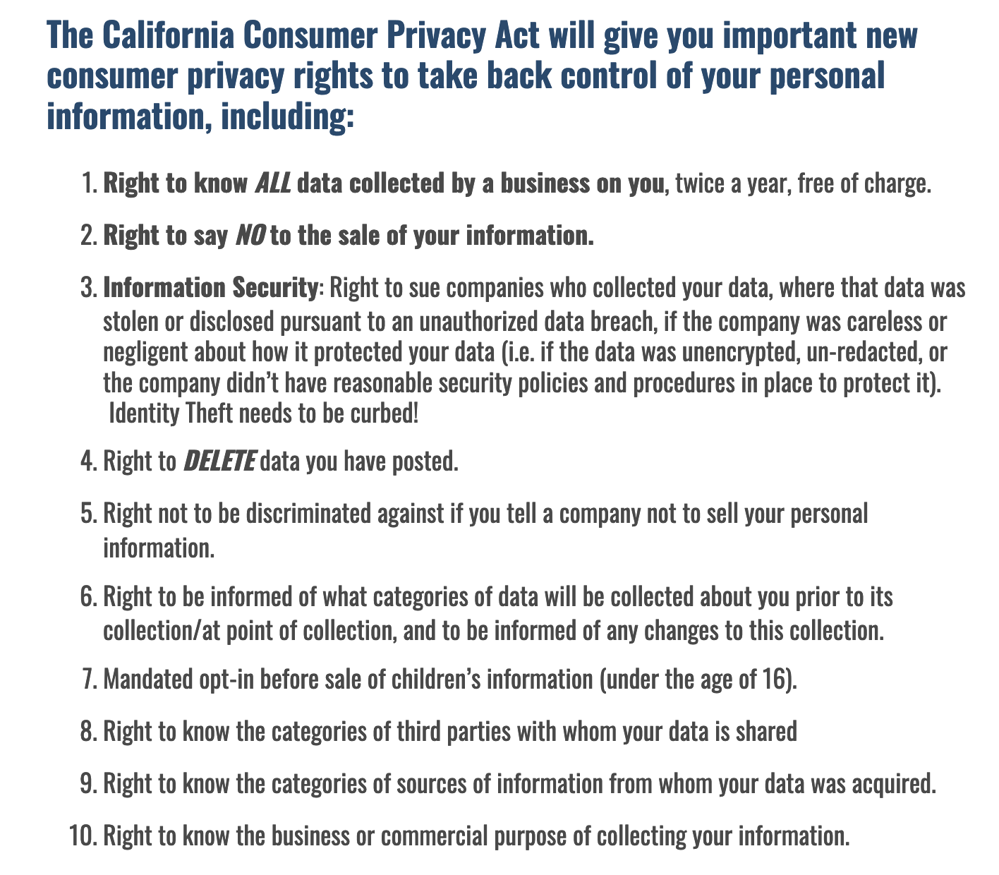 a screenshot of all the consumer rights that the CCPA affords