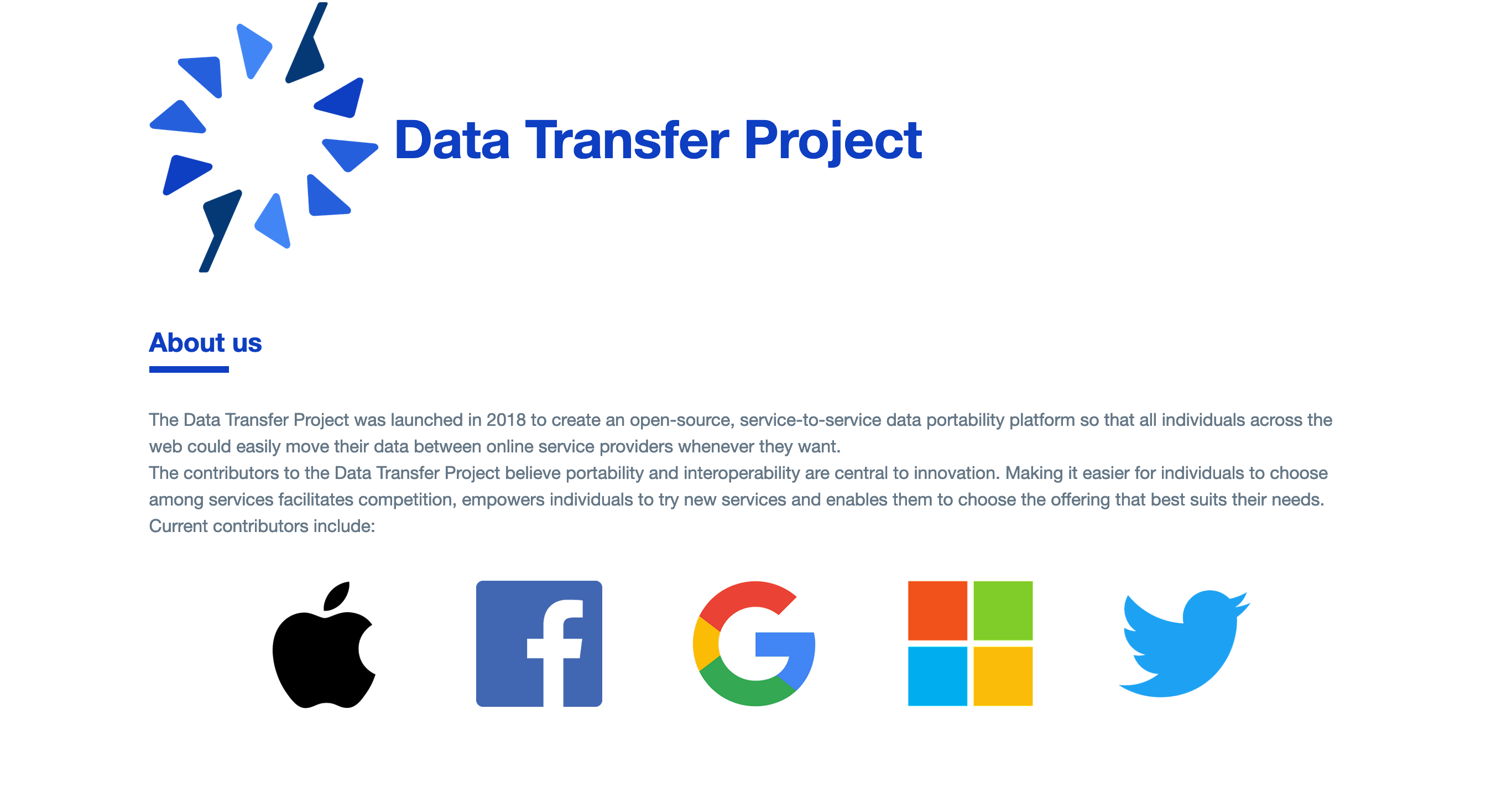 screenshot of introduction on data transfer project website