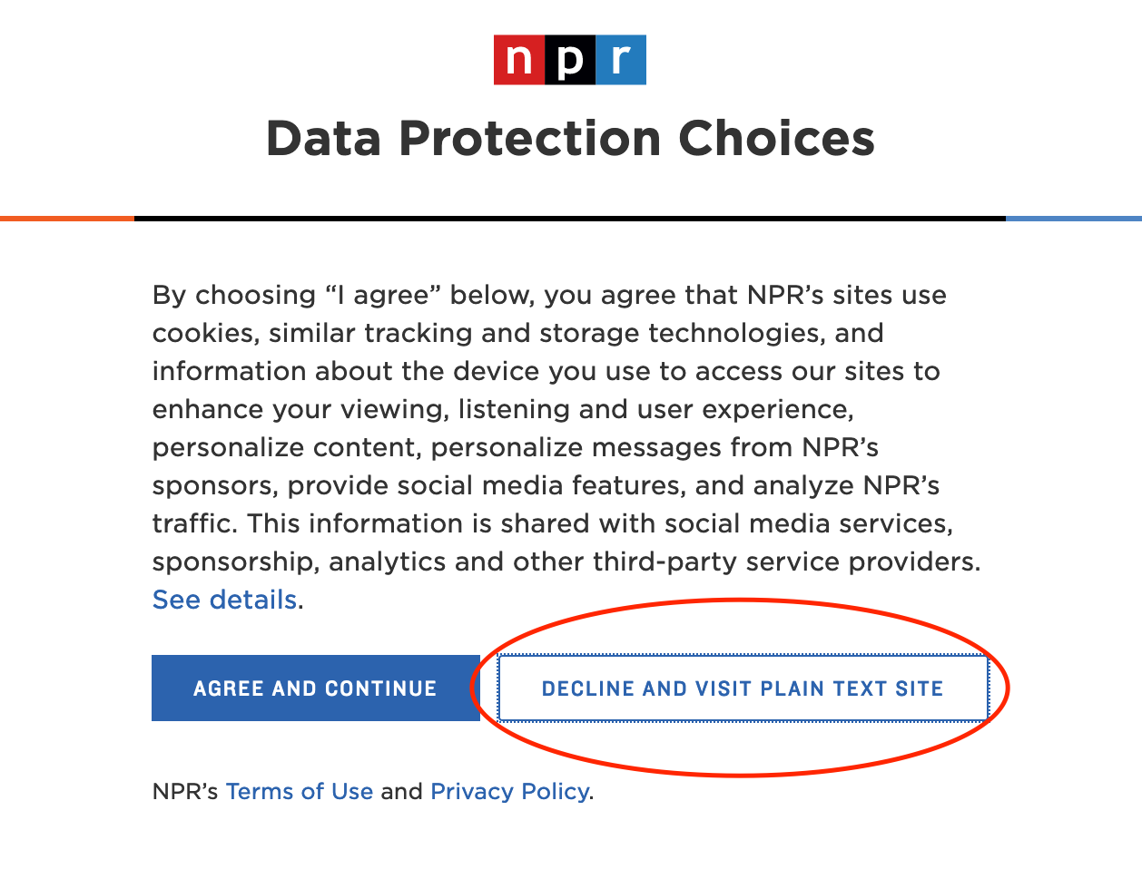 Screenshot of NPR Cookie decline and get plain text