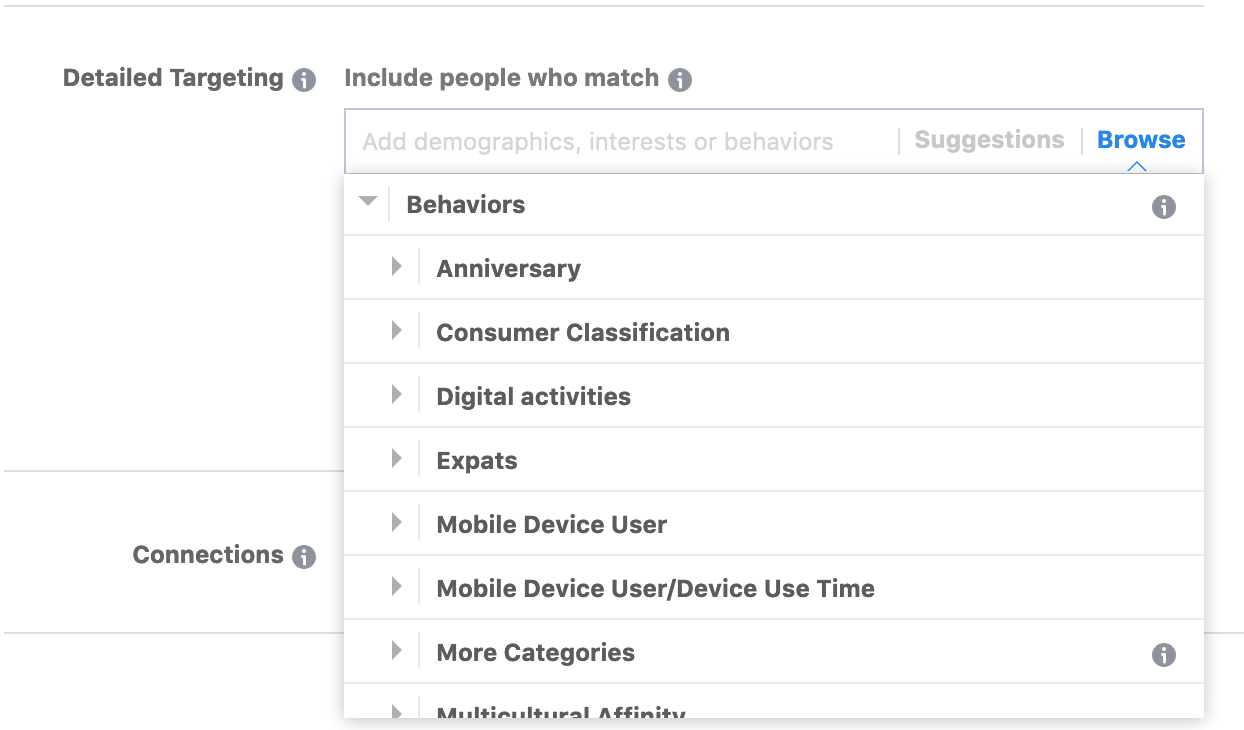 screenshot of dropdown from Facebooks ad tools