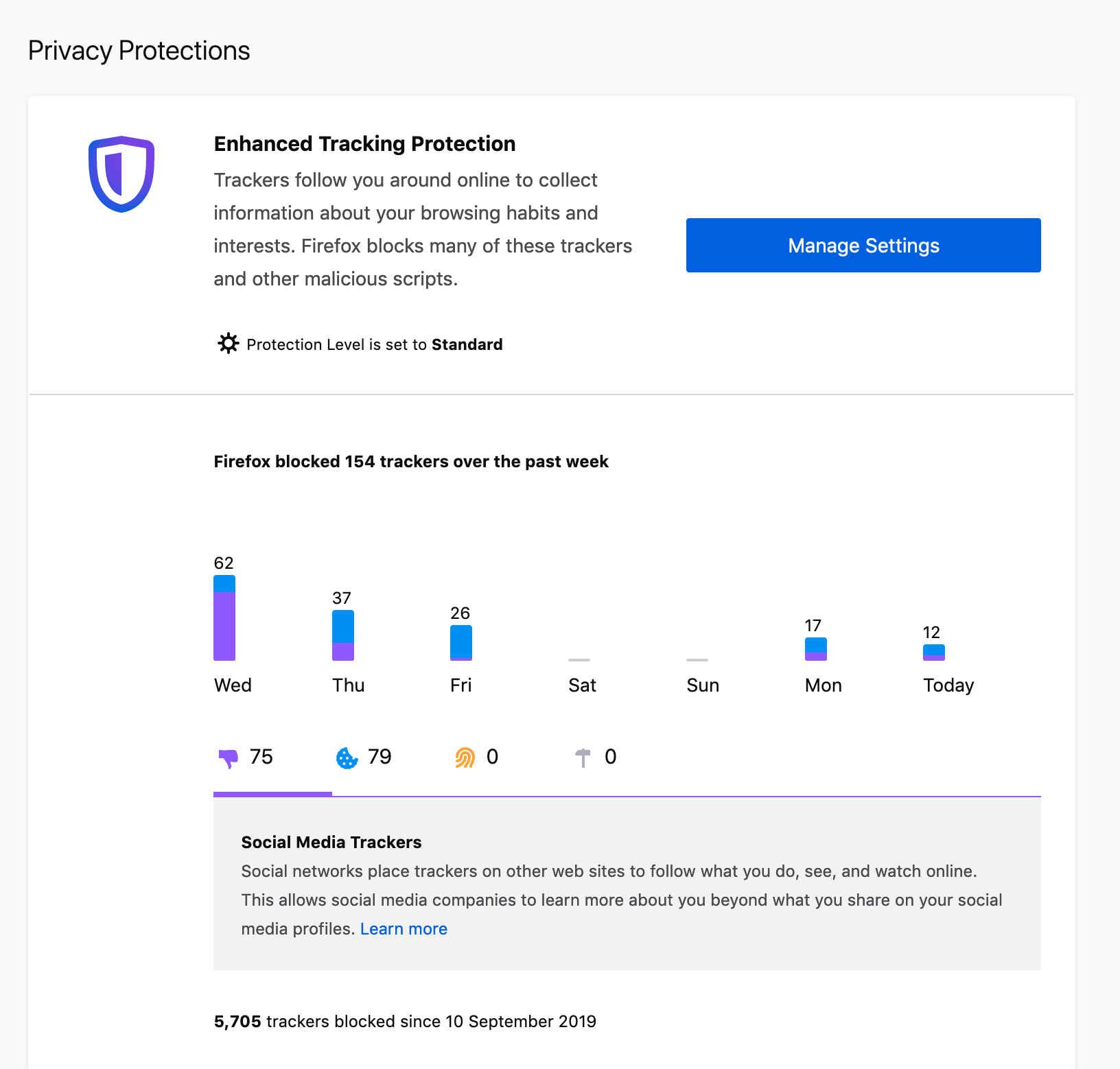 screenshot of the privacy centre in Firefox