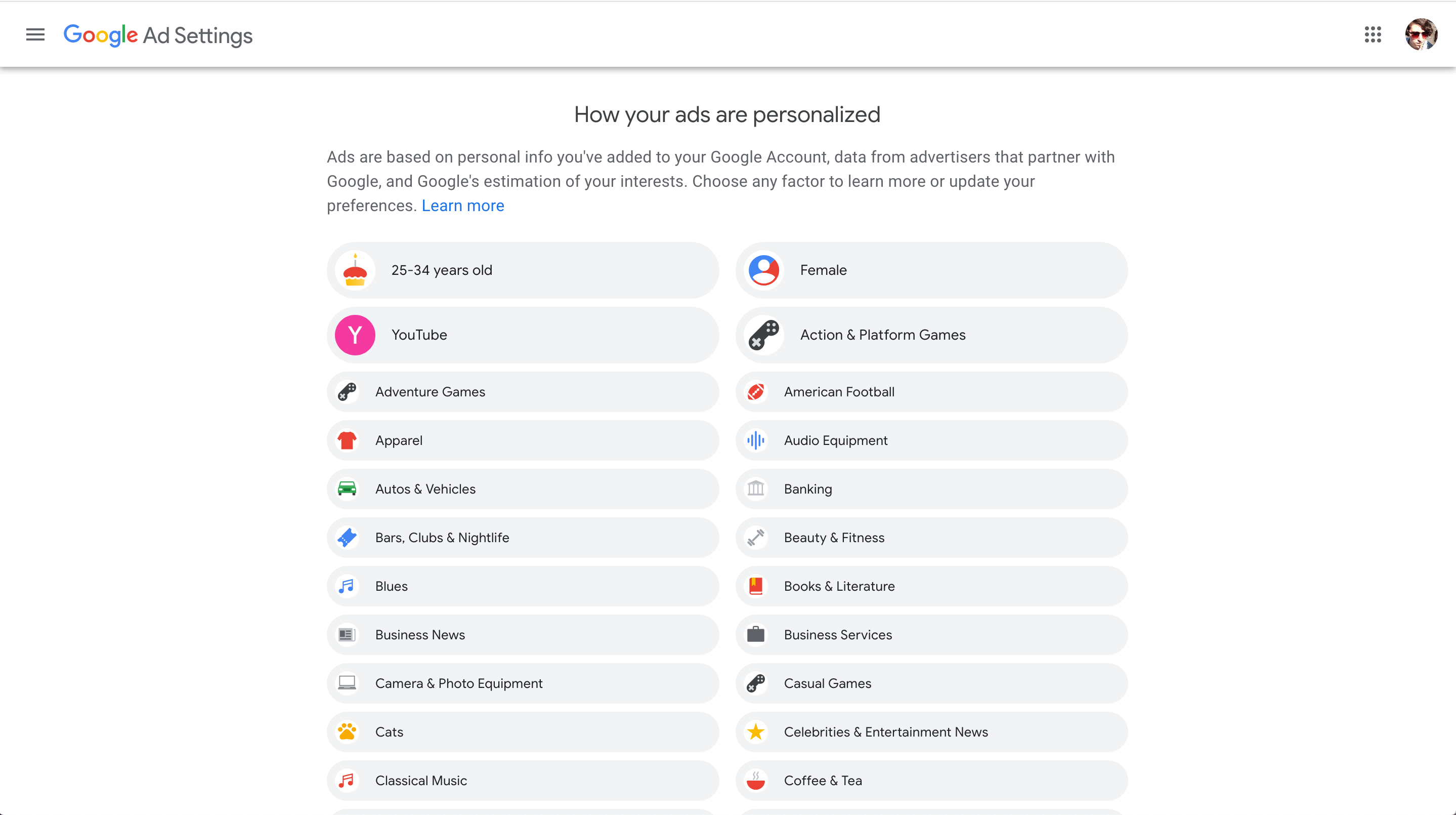 screenshot of google's personalised ad settings