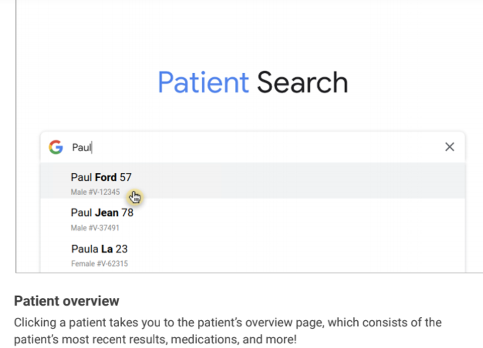 how patient search might look, powered by google