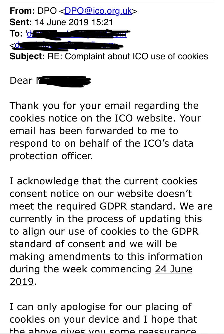 Email from ICO admitting that their cookie consent is not GDPR compliant