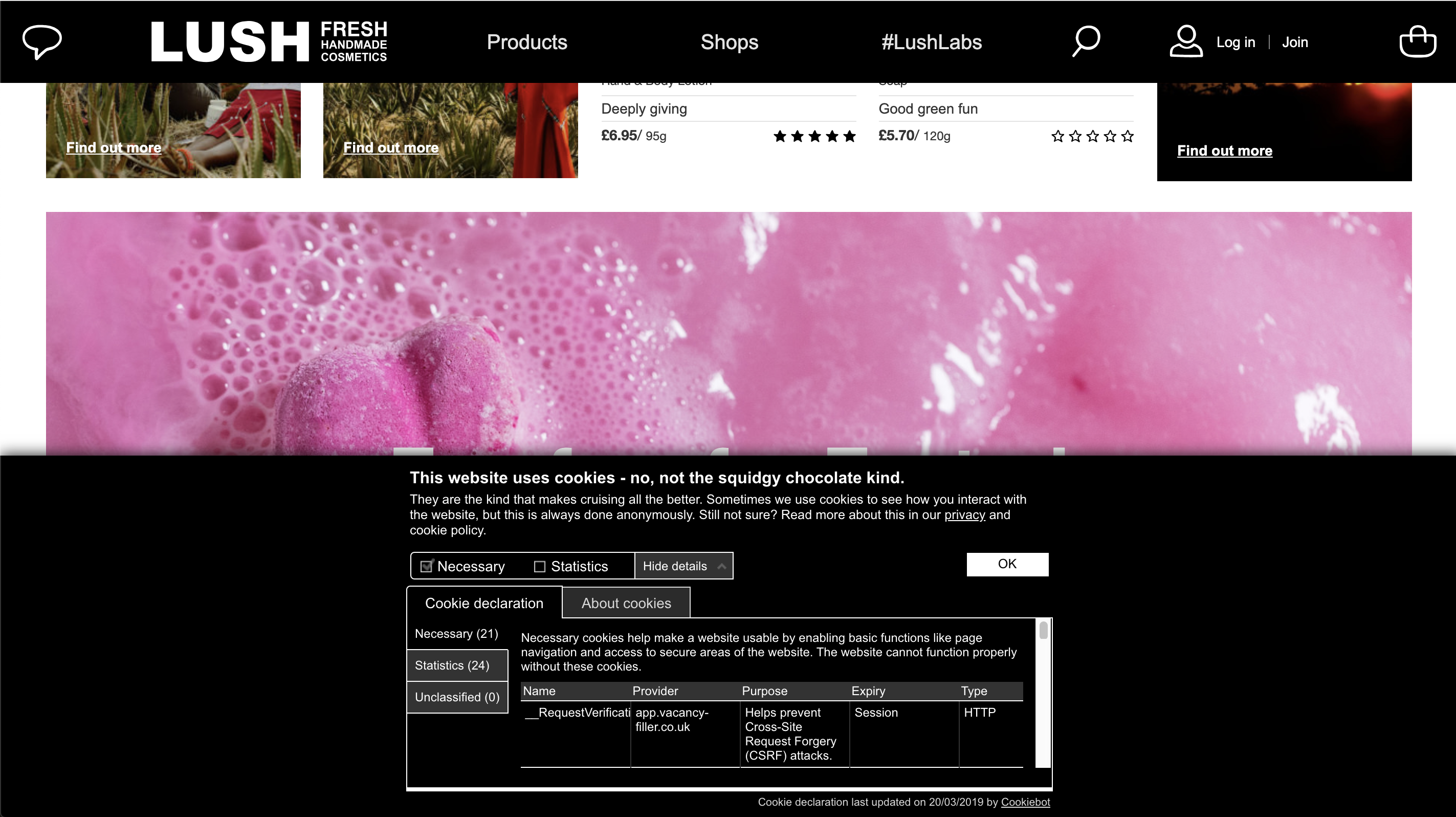 example of a cookie banner on Lush website