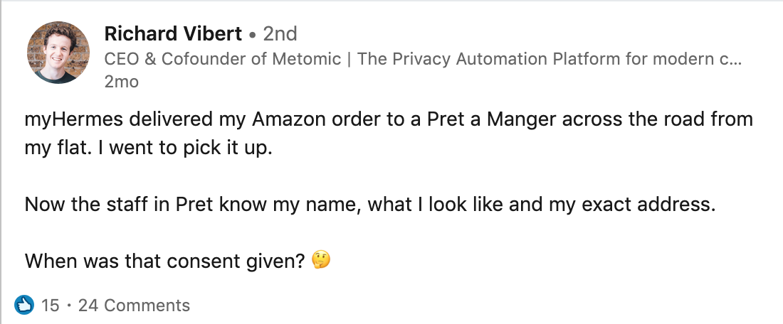 Tweet from CEO Rich about how Amazon package ended up at Pret without consent