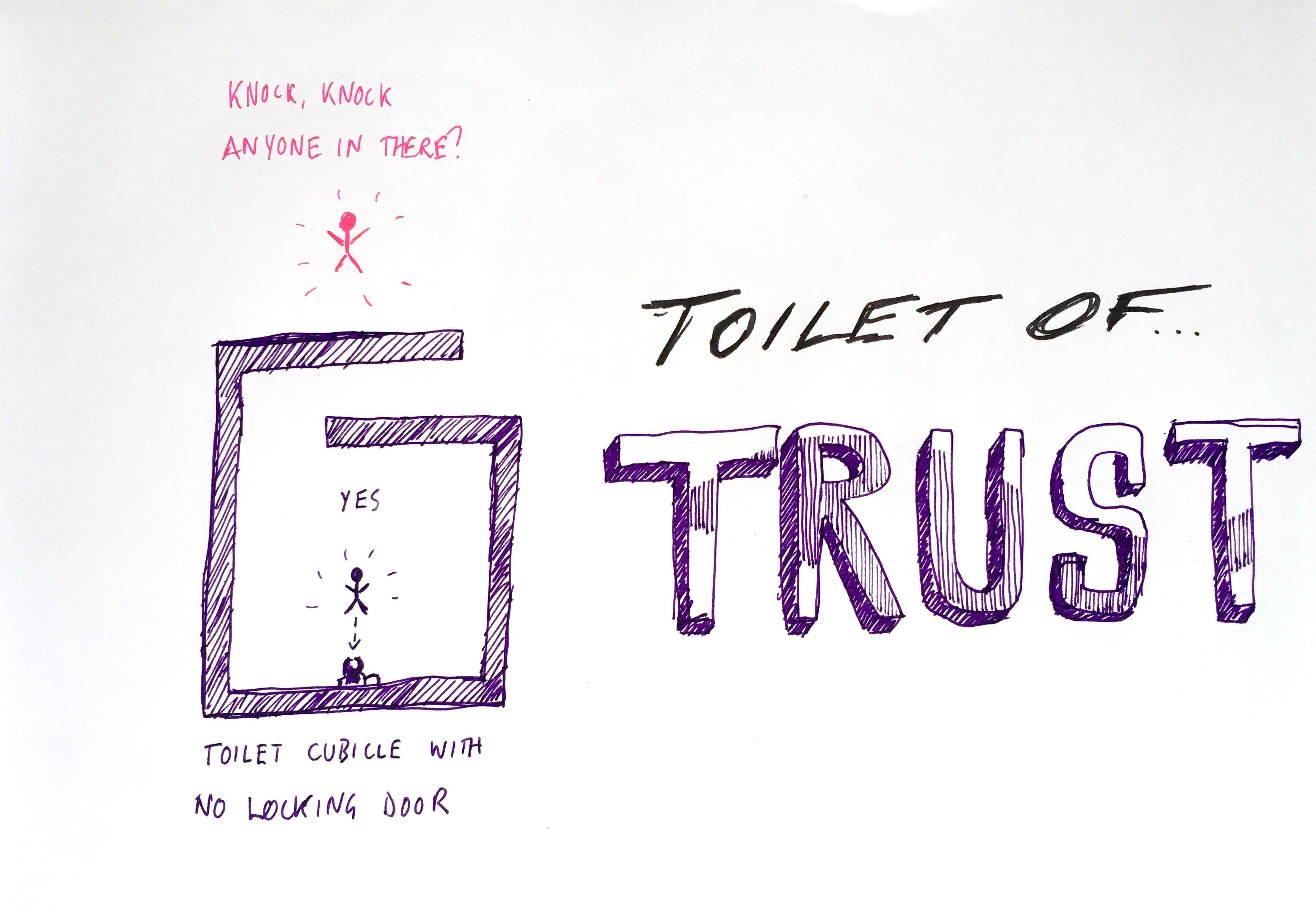 illustration of a toilet cubicle that does not lock. It's based on trust