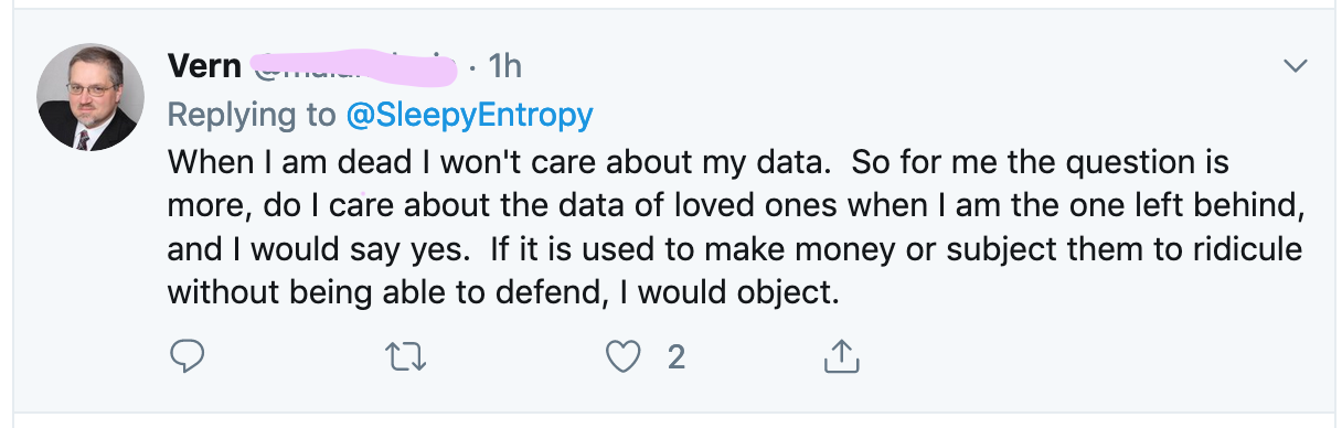 Tweet from SleepyEntropy declaring he doesn't care what happens to his data after death